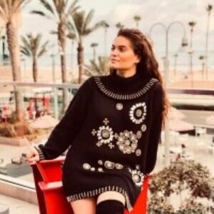 Victoria Harbour Ramie Sweater Black‎ Gold Beading L Shoulder Pad Ethereal Artsy